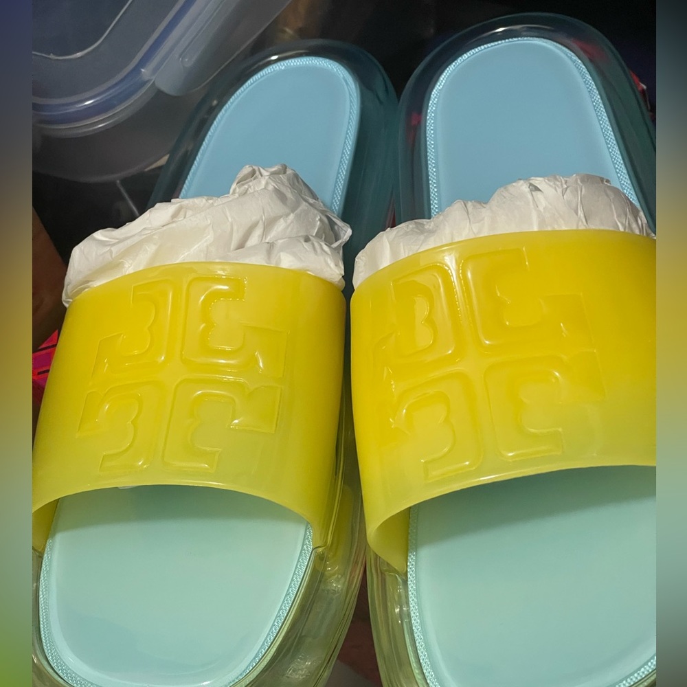 Tory Burch island blue/firefly bubble jelly slide